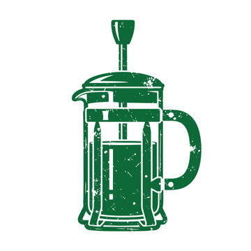 Green french press coffee maker silhouette with a distressed grunge texture isolated on a white background for kitchen and cafe branding