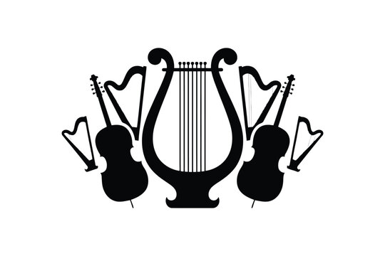 Black and white of a harp flanked by harps and cellos music instruments