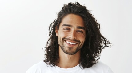 Smiling young Hispanic man with long curly hair. He wears a white t-shirt and has a friendly expression. The background is plain and bright.