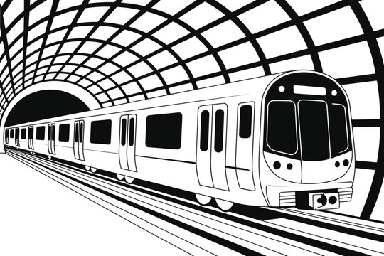 Black and white subway train traveling through tunnel transportation
