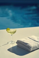 A refreshing cocktail sits beside a neatly folded white towel on a sunlit poolside. The turquoise water glistens in the background, creating a relaxing atmosphere.