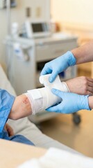 A healthcare professional in blue gloves is applying a bandage to a patient's injured arm in a hospital setting. The patient is wearing a blue gown.