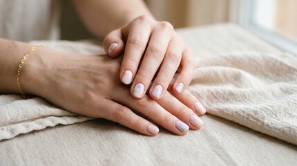 Close-up of a pair of hands resting on a light fabric surface. The nails are manicured with a soft, neutral polish. Natural light illuminates the scene.