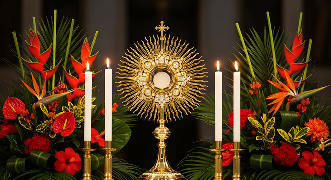 Golden monstrance with lit candles and tropical flowers on dark background religious