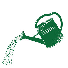 Obraz premium Green watering can with a distressed texture pouring water drops for gardening and plant care concepts on a white background