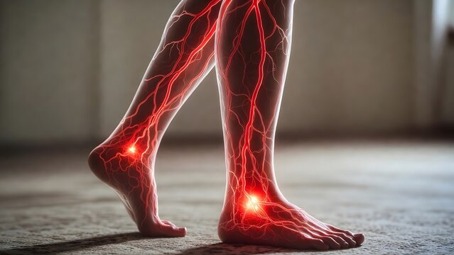 Diabetic neuropathy and leg nerve pain. Varicose veins and circulatory system disorders. Transparent view of human legs with red glowing nerves and blood vessels representing pain