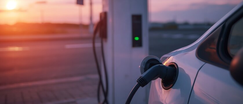 White electric car plugged into charging station during sunset