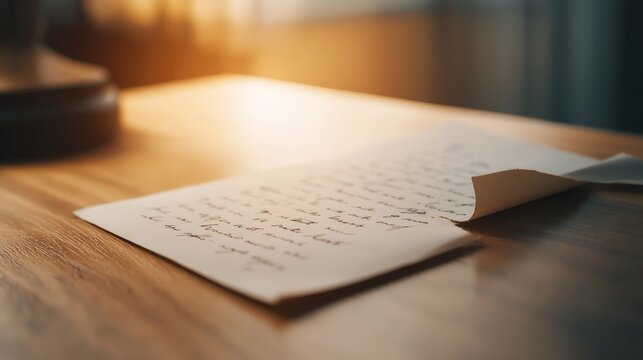 Warmly lit wooden surface holds a handwritten note