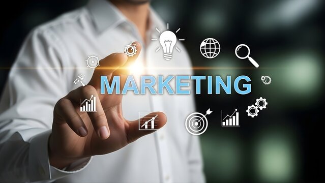 Digital marketing strategy hand interacting with glowing icons and text