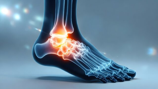 Gout flare up and acute ankle joint inflammation. Podiatry and musculoskeletal disorders. 3D anatomical X-ray of a human foot with bright glowing red pain signals in the ankle joint