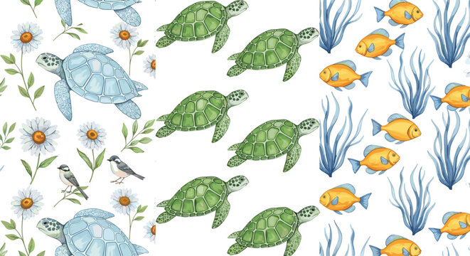 Vector seamless pattern collection featuring graceful sea turtles with floral daisies and tropical yellow fish swimming among blue underwater seaweed