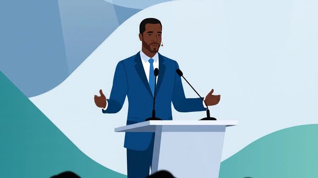 Animated african american business speaker delivering a speech at podium in conference presentation explaining concept