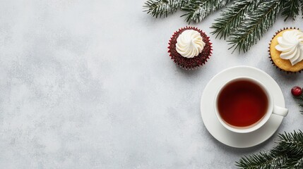Winter flat lay Cozy tea, frosted cupcakes and snowy pine branches on a gray backdrop with copy space. Ideal for holiday greetings and festive invitations. ,Holiday,Cozy