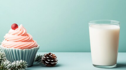 Winter Holiday Festive Spread Pink frosted cupcake with red glitter, fresh milk, frosted pinecone and snowy branches on a serene teal. Sweet Christmas treat concept., Dessert, Cozy