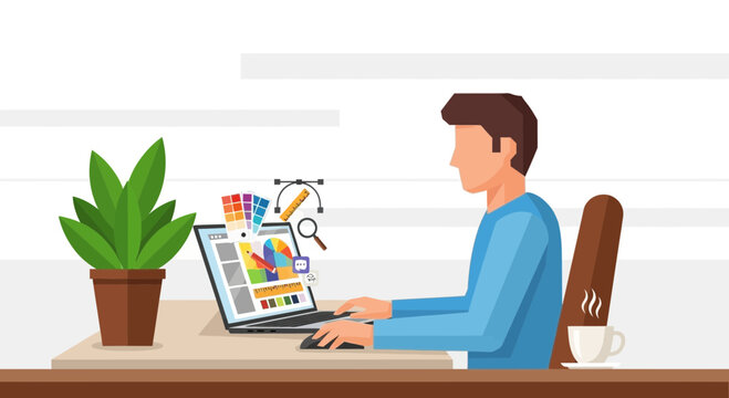 Graphic designer working on laptop with color palette and design tools, creative workspace
