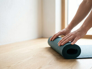 Fototapeta premium Close up of faceless person hands rolling blue yoga mat on wooden floor
