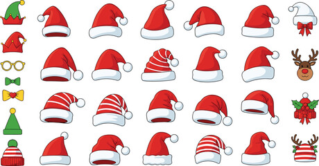 Large collection of Christmas Santa Claus hats and elf headwear including reindeer antlers festive bow ties and winter beanies for holiday photo booth props © MDFiroj