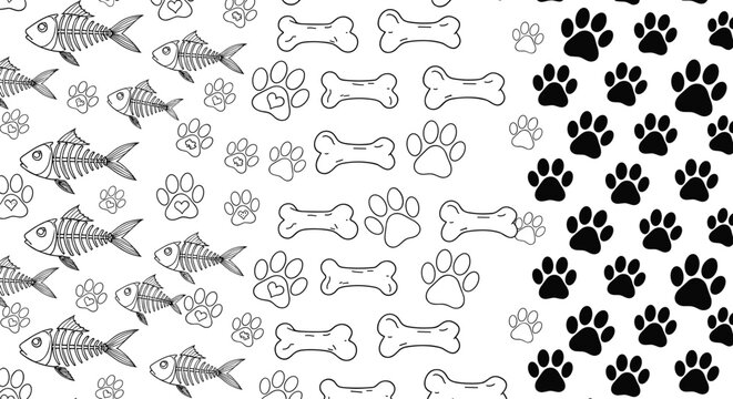 Seamless pet pattern background set with hand drawn fish skeletons dog bones and black paw prints for animal lovers wallpaper and fabric design