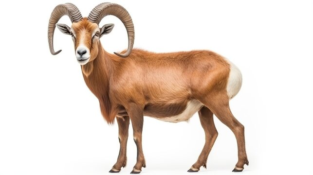 Majestic Barbary Sheep with Long Curved Horns Standing in Profile Against White Background