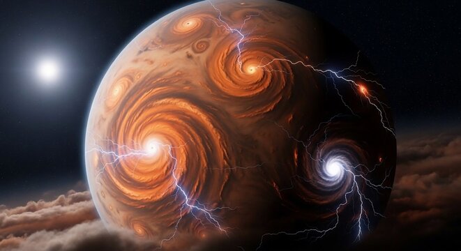 Planet with swirling storms and lightning