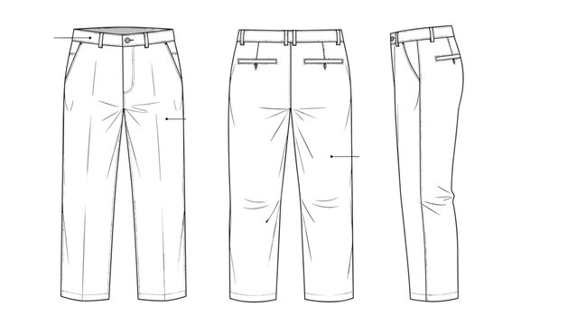 Set of technical line drawings for a pair of men formal trousers showing the front, back, and side view profiles for garment design.