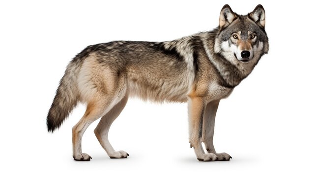 Majestic gray wolf standing alert on a white background in side profile view