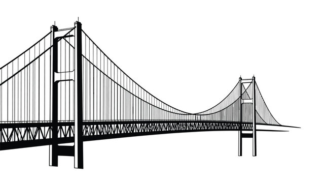 Detailed black and white architectural line drawing of a large suspension bridge stretching across a body of water.
