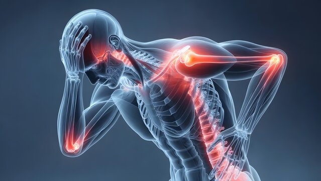 Chronic back pain and spinal cord inflammation. Neurological stress and physical therapy needs. Man in x-ray style clutching his head and spine with intense red pain markers