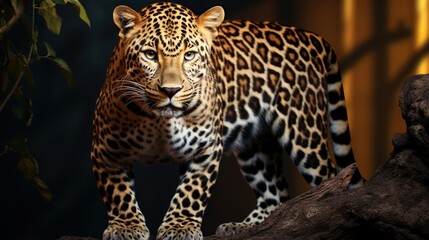 Obraz premium Majestic Leopard Standing in Shadowy Enclosure Amid Rugged Rock Formations