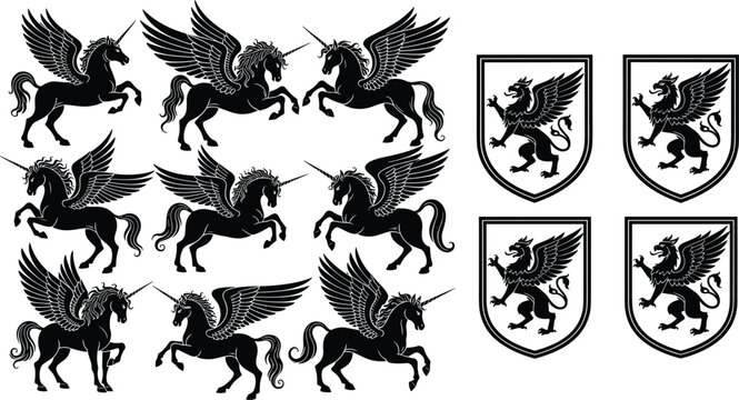 silhouette, mythical, creature, winged, unicorn, pegasus, magic, horse, heraldic, shield, griffin, crest, black, vector, illustration, set, isolated, white, background, design