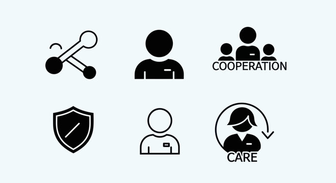 Business icons: Network, Person, Cooperation, Security, Employee, Care