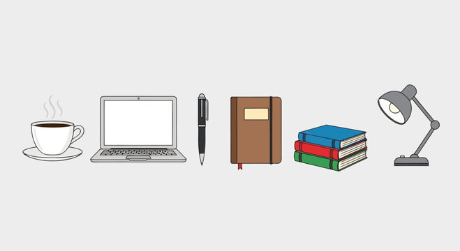 Workspace Essentials: Laptop, Coffee, Books, Pen, Lamp, Notebook - Flat Design Icons