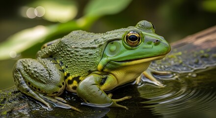 Obraz premium Close-up of a Green Frog Resting on a Log in Water.