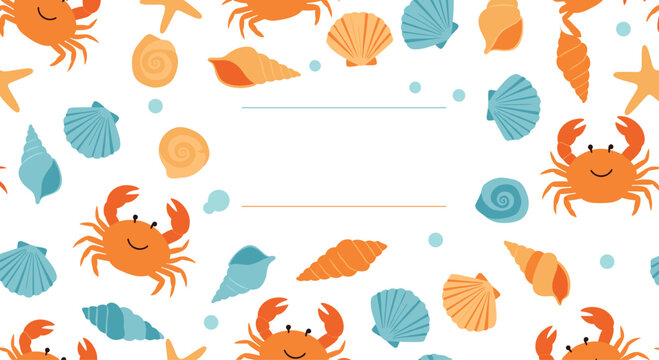 Beach themed seamless pattern with cute orange crabs colorful sea shells and starfishes on a white background for summer.