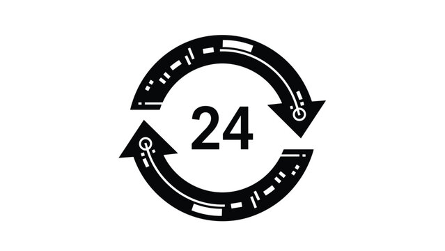 Black circular arrows icon with the number twenty four in the center representing around the clock service and support.