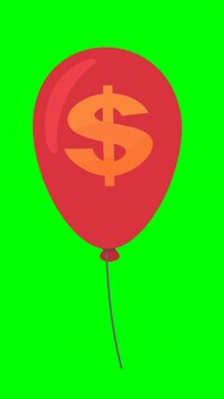 Symbolizing financial inflation and rising costs with a red dollar sign balloon floating in the air. (loopable) Chroma key green screen with alpha channel.