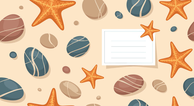 Beach themed seamless pattern with orange starfish and varied smooth pebbles around a white message card on a sandy background.