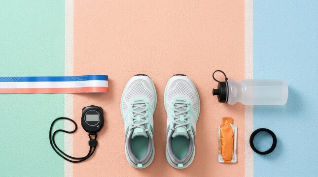 Flat lay race essentials including generic bib free running