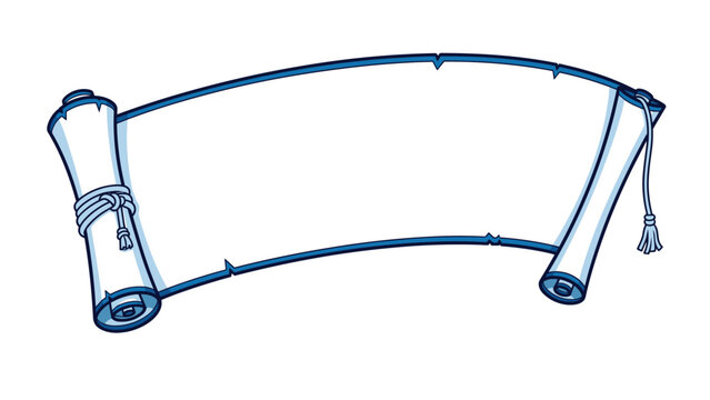 Illustration of a wide horizontal blue paper scroll with rolled ends and a decorative tassel on a white background.
