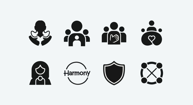 Community Support Icons: Harmony, Shield, Togetherness, Care, Connection