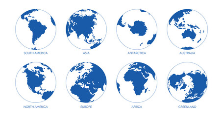 Set of Eight Earth Globe Icons Showing Different Continents: North and South America, Europe, Asia, Africa, Australia, Antarctica, and Greenland. Blue and White Minimalist Vector World Map Graphics © Anton
