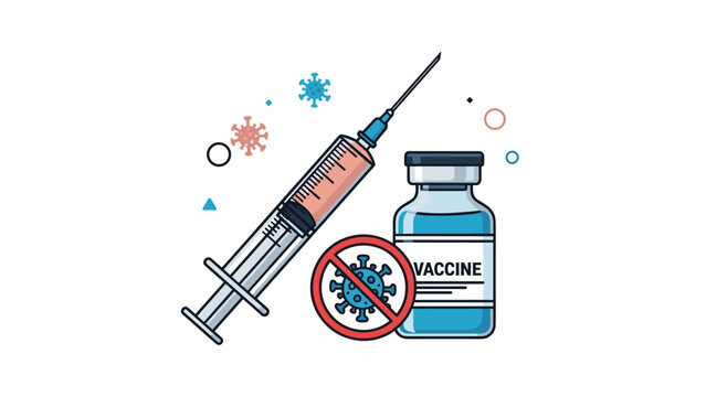 Medical illustration featuring a vaccine vial a syringe and a crossed out virus symbol representing immunization and health.
