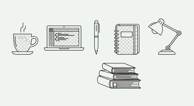 Desk Work Essentials: Coffee, Laptop, Books, Lamp, Pen, Notebook - Line Art Icons