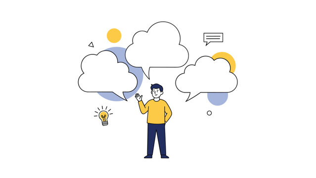 Thoughtful young man standing with several empty cloud speech bubbles and a lightbulb icon representing ideas.