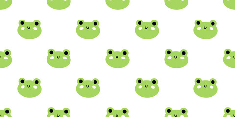 Obraz premium Vector seamless pattern with cute smiling green frog head characters on white background. Playful kawaii frog print for kids fabric, nursery decor, stationery, gift wrapping paper, digital wallpaper.