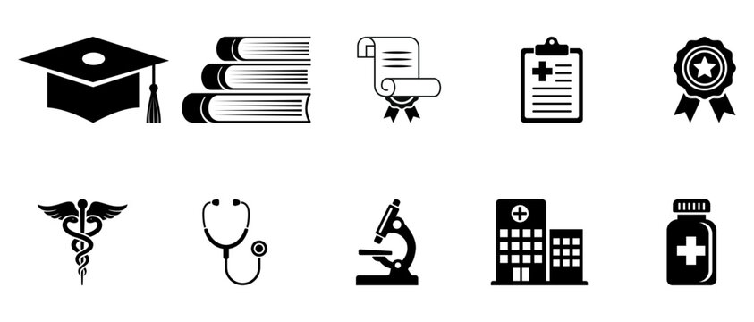 education medical icon set featuring graduation, book, diploma, clipboard, stethoscope, microscope, hospital, pharmacy symbols for learning healthcare study science