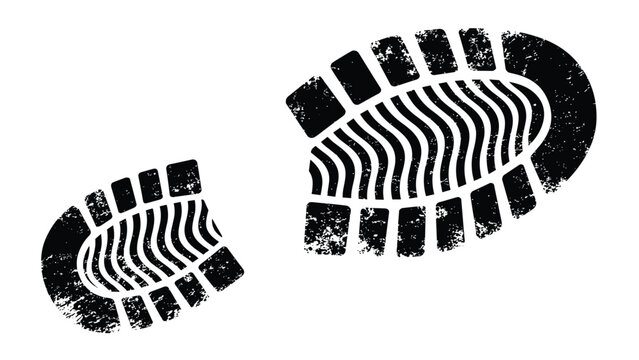 Grungy black textured footprint of a shoe or boot tread pattern isolated on a white background for crime or trail.