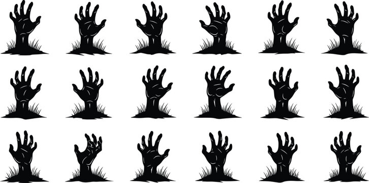 Zombie hands silhouette, horror illustration, Halloween undead art, creepy claw shapes, graveyard rising scene, spooky eerie design, scary monster pattern