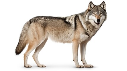 Fototapeta premium Standing Brown Wolf-Like Canid with Erect Ears and Thick Fur Against White Studio Background