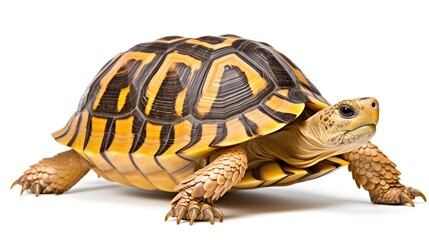 Obraz premium Striking yellow striped tortoise calmly posing on a pristine white studio background
